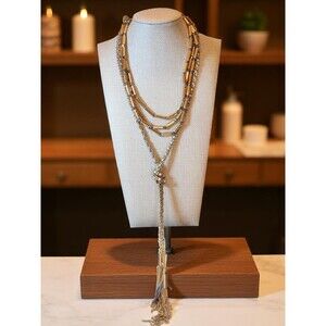 GUESS Y Necklace – Gold-Tone Layered Chain w/ Tassel & Rhinestones – 20” Drop